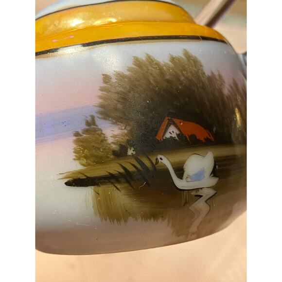 Morimura Porcelain Sugar Bowl, Lid & Glass Spoon Scenic design 2.75 in tall EUC - Picture 1 of 16